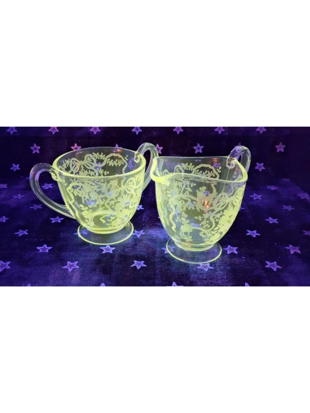 VTG 1940s Fostoria Romance Crystal Creamer Sugar Bowl Set Floral & Ribbon Etched - Picture 11 of 14